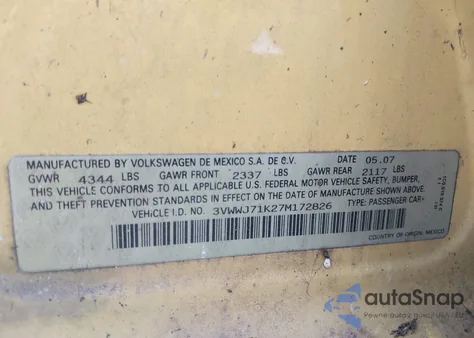 2007 Volkswagen Jetta Gli z USA, uszkodzony, nr VIN 3VWWJ71K27M172826